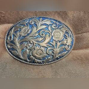 Beautiful Blue & Silver Floral Belt Buckle